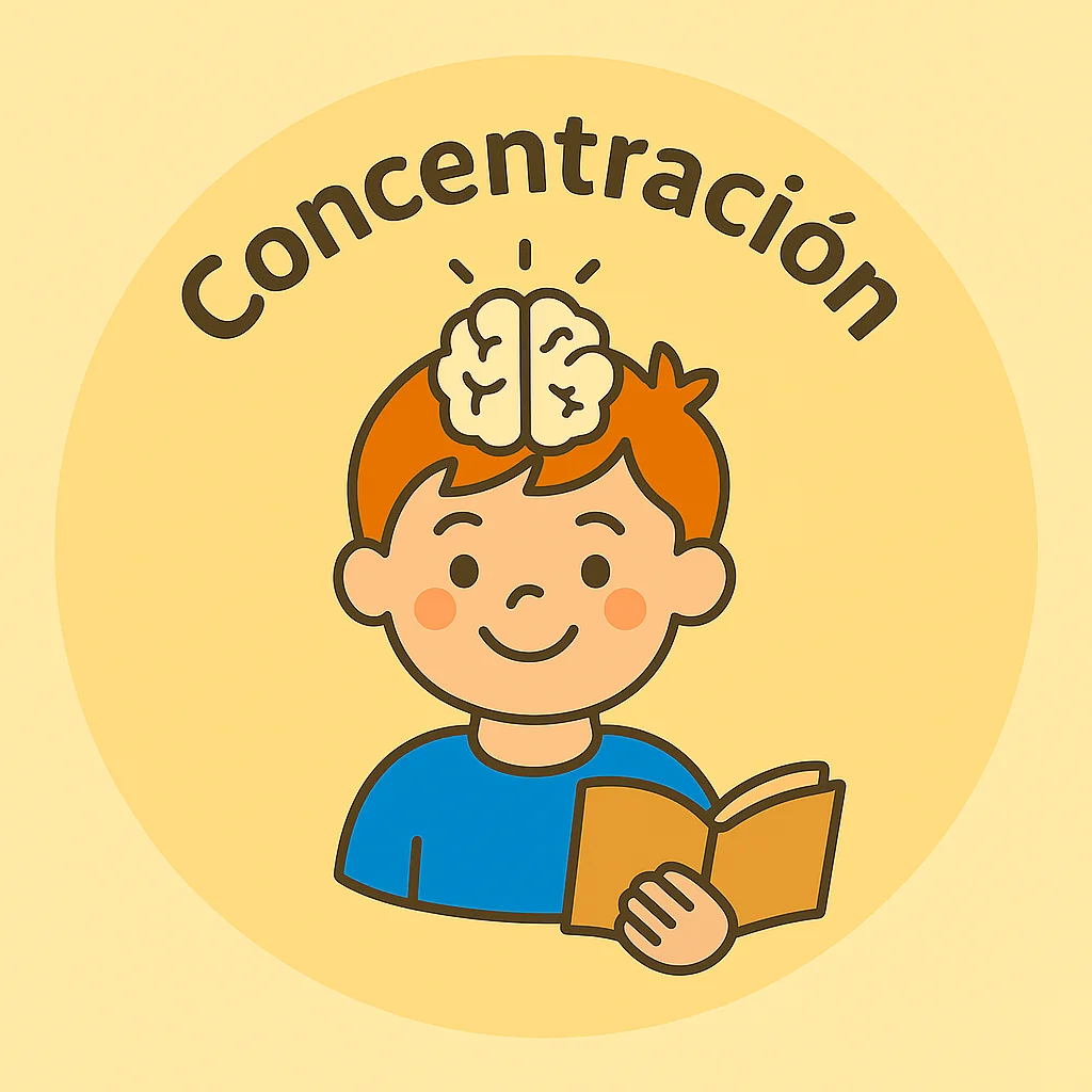 Ilustración digital plana de un niño leyendo con un cerebro brillante sobre su cabeza, representando la concentración infantil.