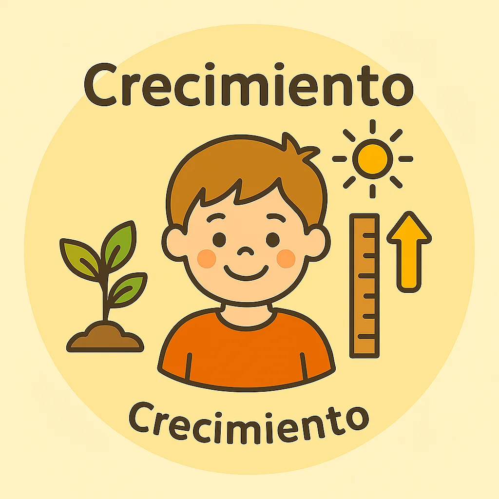 Ilustración digital de un niño junto a una planta, una regla de altura y un sol, representando el crecimiento infantil. Fondo crema, estilo limpio.