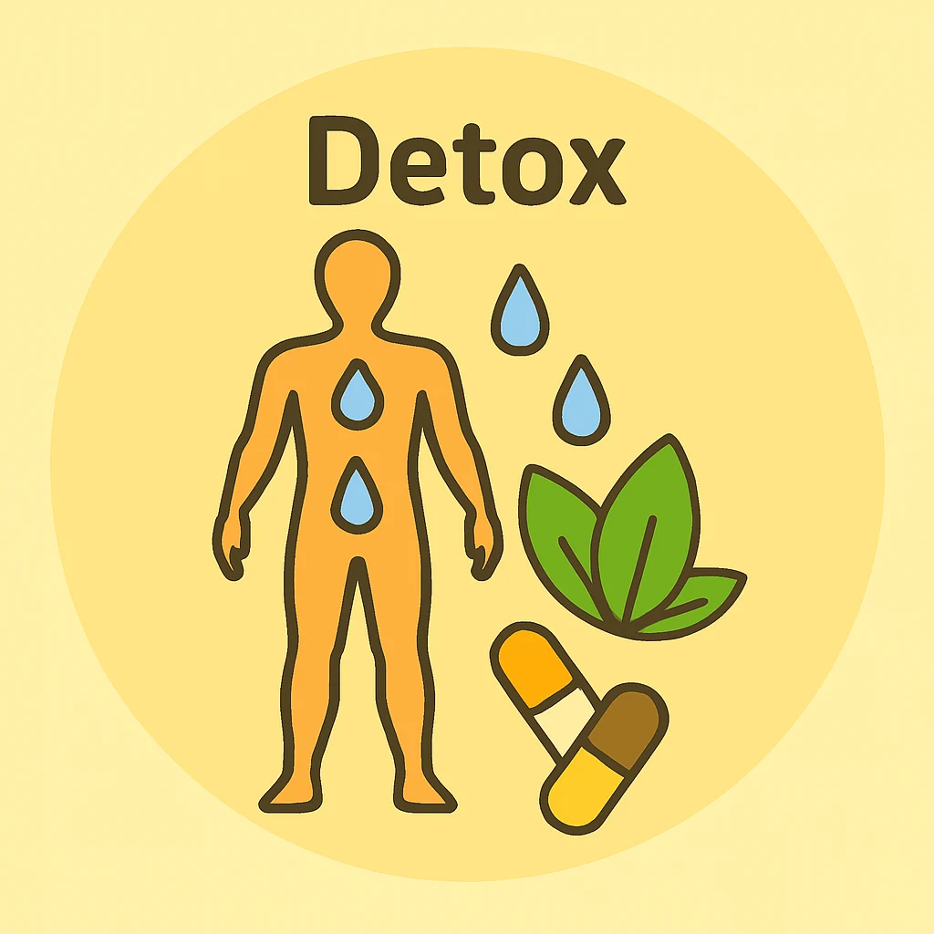 Ilustración plana de cuerpo humano completo con gotas de agua, cápsula y hoja verde, sobre fondo circular crema y texto “Detox”.