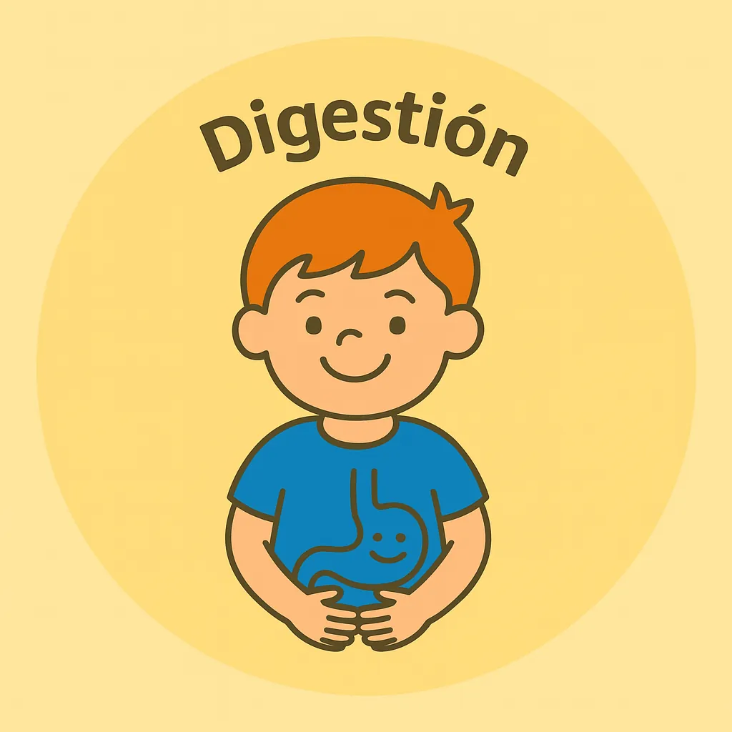 Niño sonriente con icono de estómago feliz en la camiseta, representando digestión infantil saludable