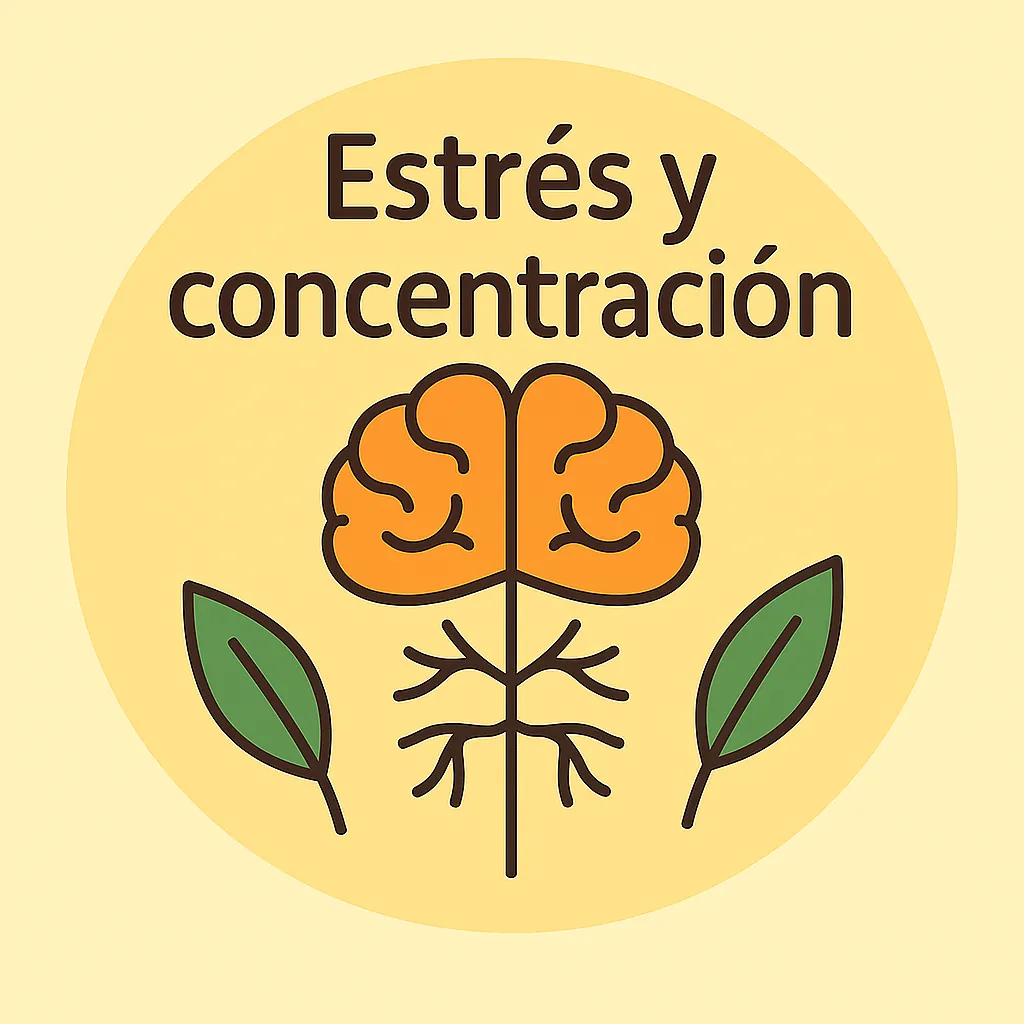 icono ilustrado de cerebro con raíces nerviosas y hojas, texto “Estrés y concentración"