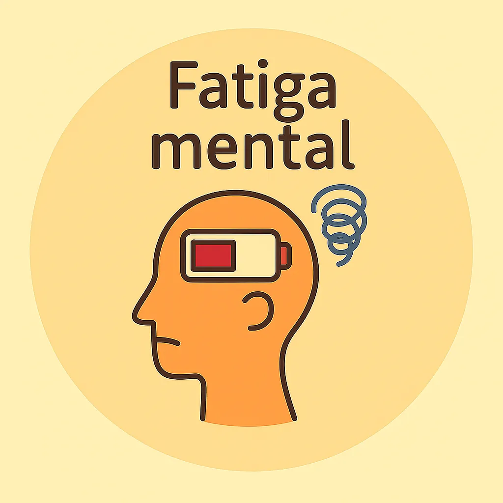 cabeza con batería baja y espirales azul/gris, símbolo de agotamiento mental