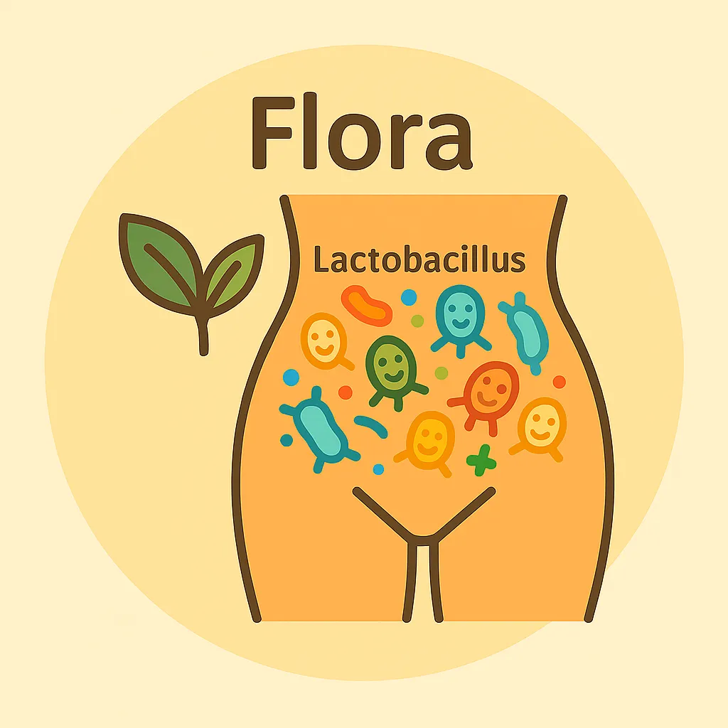 Ilustración de flora vaginal con Lactobacillus y microbiota saludable en forma de iconos felices