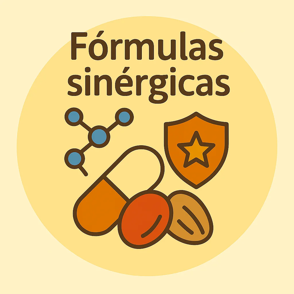 Ilustración plana con cápsula, molécula azul, semillas y escudo; representa fórmulas sinérgicas