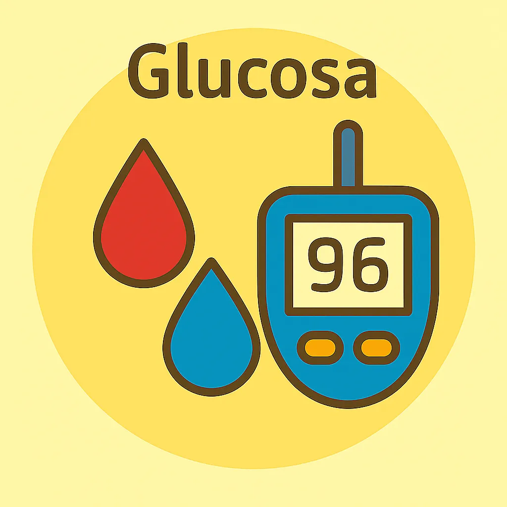 Ilustración plana circular con iconos de glucosa y gotas de sangre roja y azul, estilo Okira