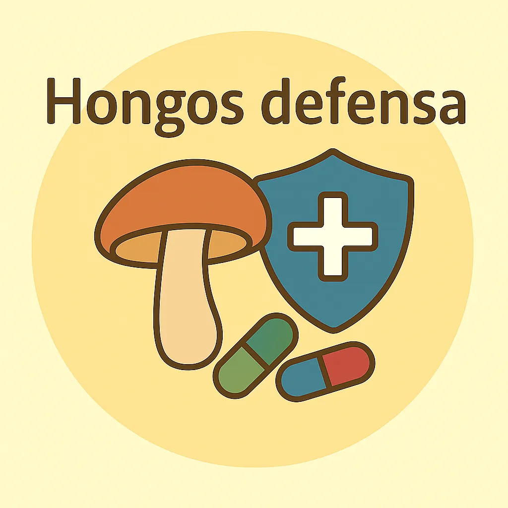 Hongos medicinales – hongo, escudo y cápsulas de colores sobre fondo beige