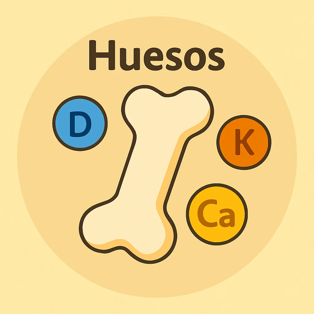 Ilustración plana de un hueso blanco con vitaminas D, K y calcio flotando alrededor. Fondo crema, estilo limpio.