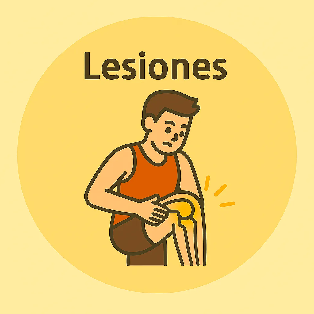 Deportista con gesto de dolor en la rodilla, sobre fondo circular y texto “Lesiones”, ilustración estilo plano.