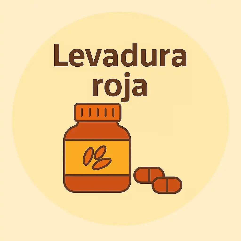 Ilustración plana con un bote de suplemento y cápsulas representando levadura roja, con texto superior "Levadura roja".