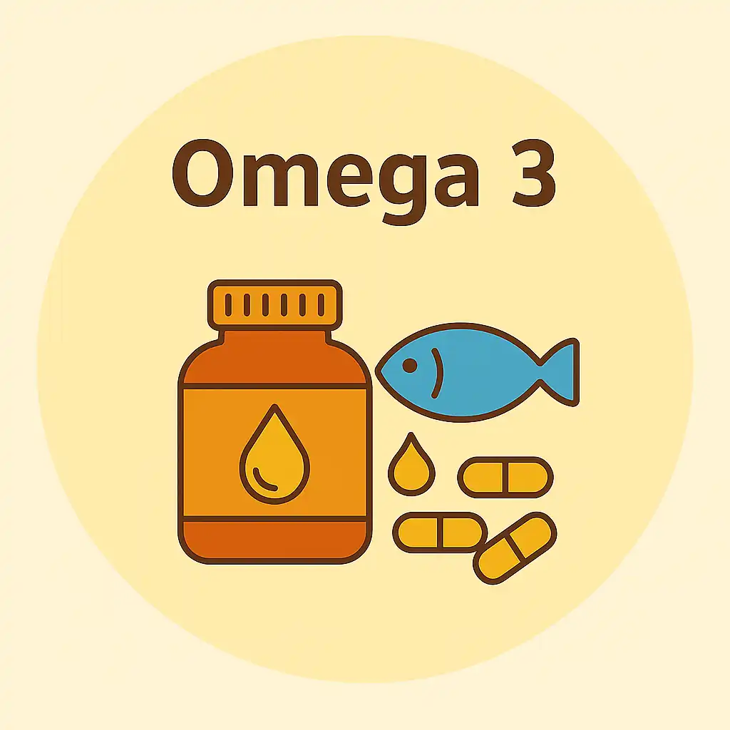 Imagen ilustrada representativa de suplementos de Omega 3 con texto "Omega 3", cápsulas, frasco, gota de aceite y pez.