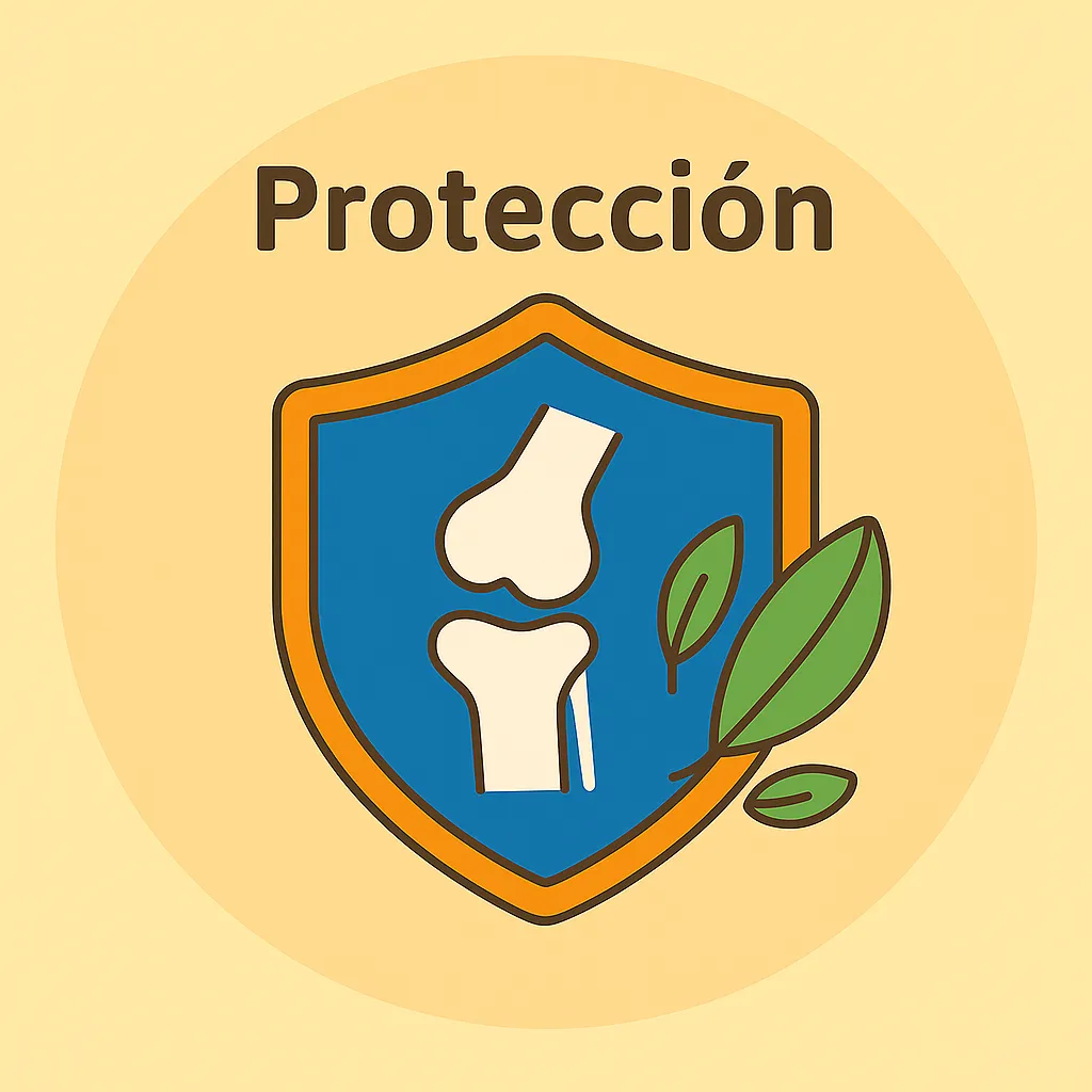 Escudo con articulación protegida por elementos naturales. Representa suplementos condroprotectores naturales.