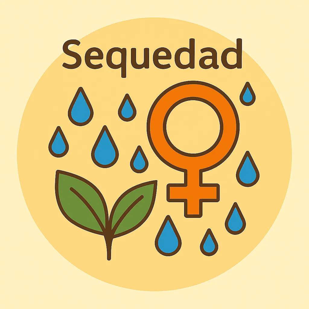 gotas azules, hoja verde y símbolo femenino – suplemento para sequedad vaginal