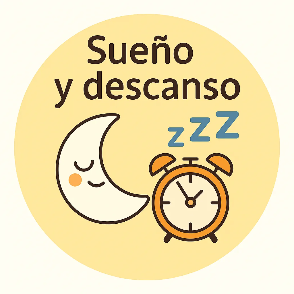 luna blanca sonriente, reloj naranja y Zzz azules sobre fondo circular, con texto “Sueño y descanso”