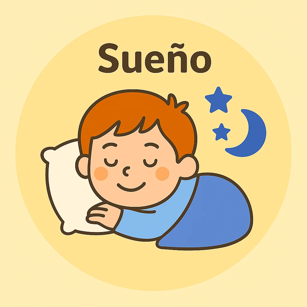 Ilustración digital de un niño dormido con luna y estrellas, dentro de un círculo, sobre fondo crema. Representa el sueño infantil.