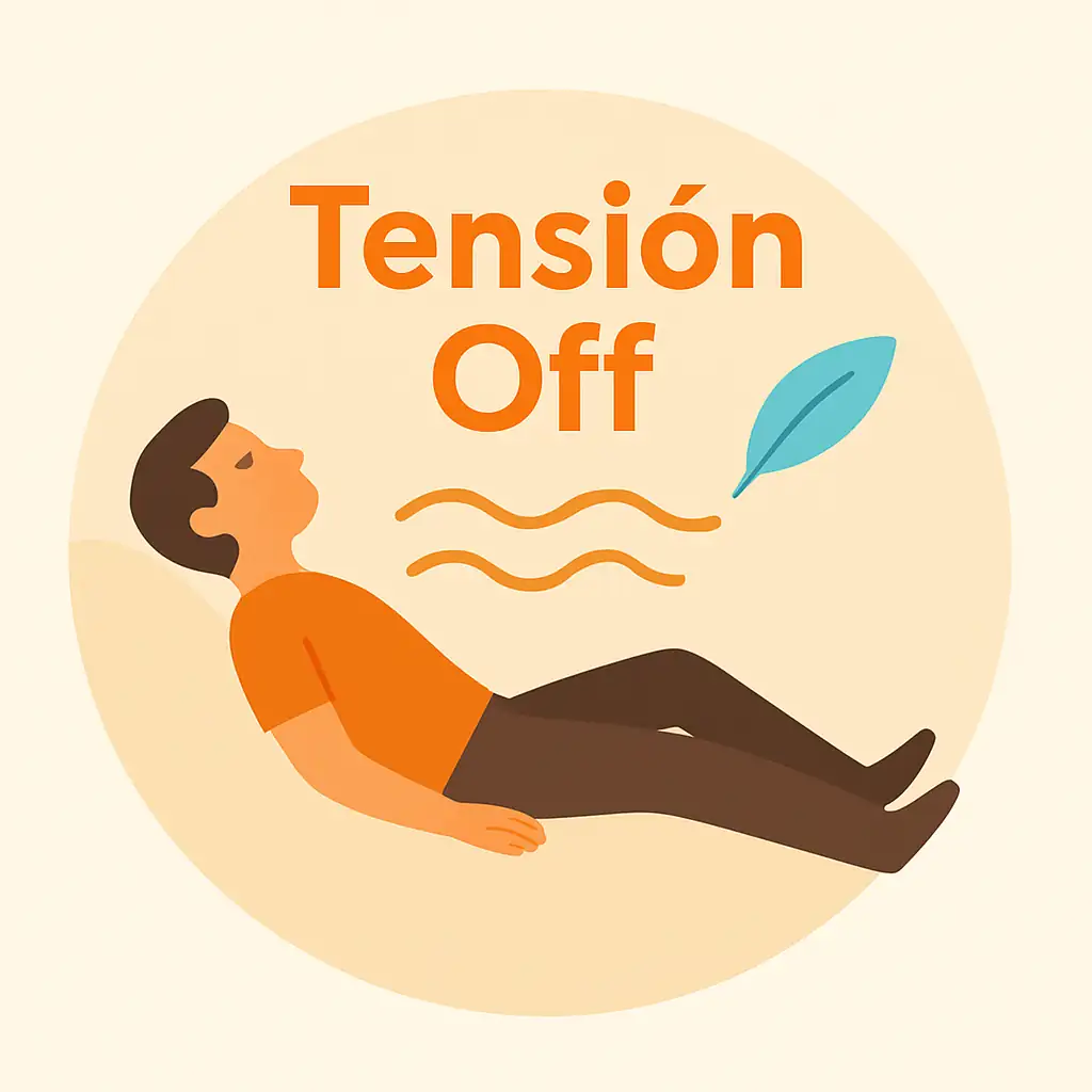 Ilustración de persona tumbada con texto “Tensión Off” y hoja flotante azul