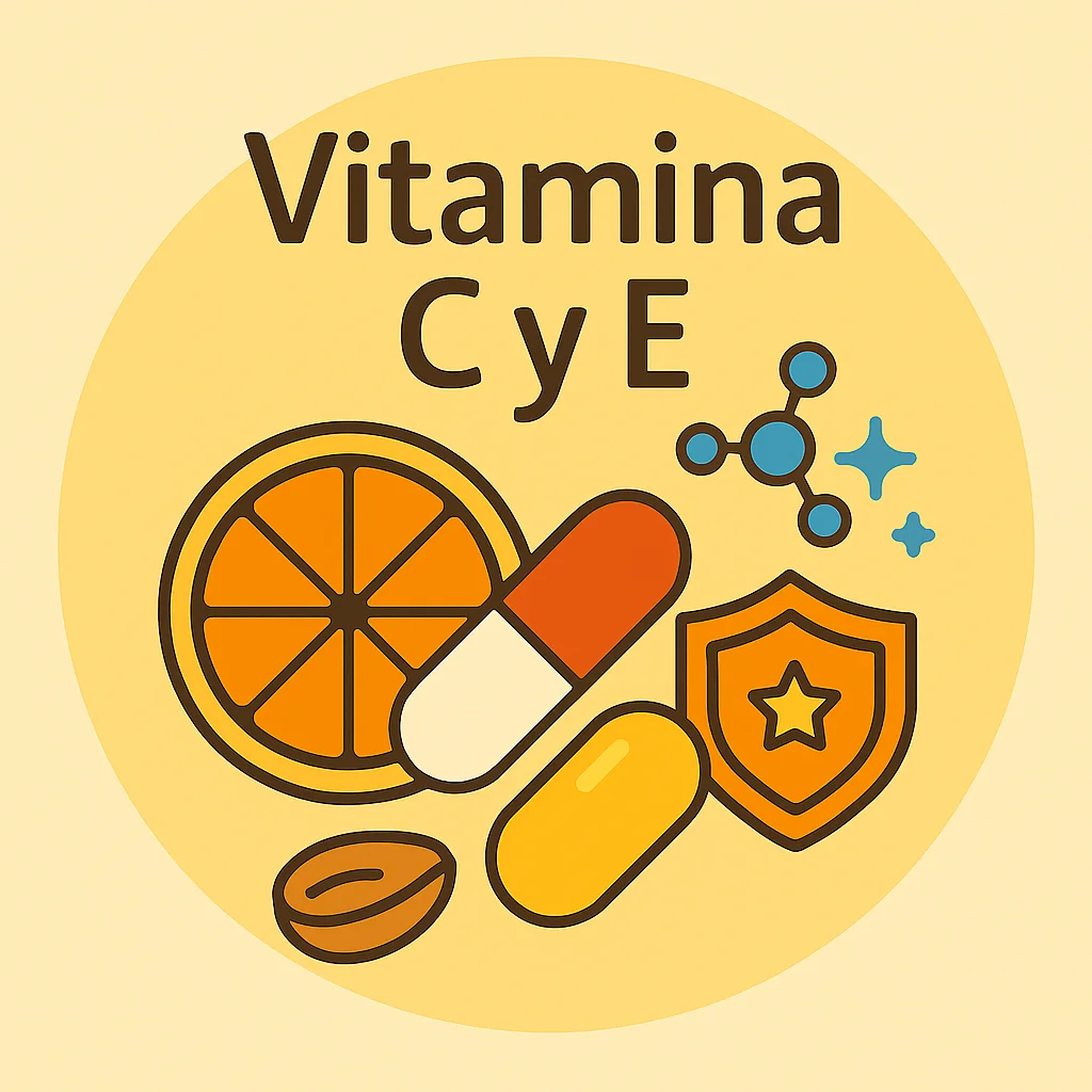 Icono plano de cápsulas de vitamina C y E con naranja, semilla, escudo y molécula antioxidante