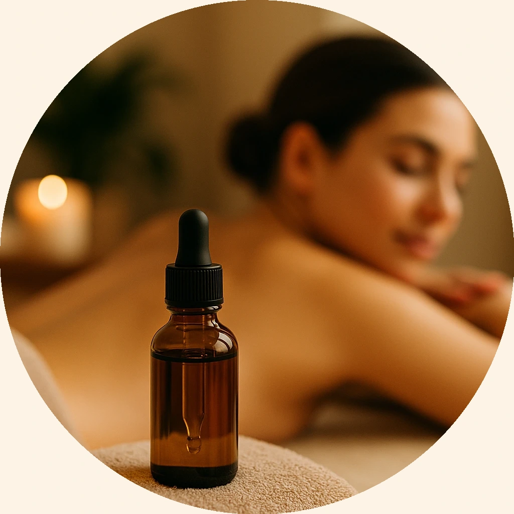 Aceites naturales Okira – cuidado e hidratación. Mujer desenfocada en spa con frasco de aceite corporal en primer plano – categoría Aceites naturales Okira.