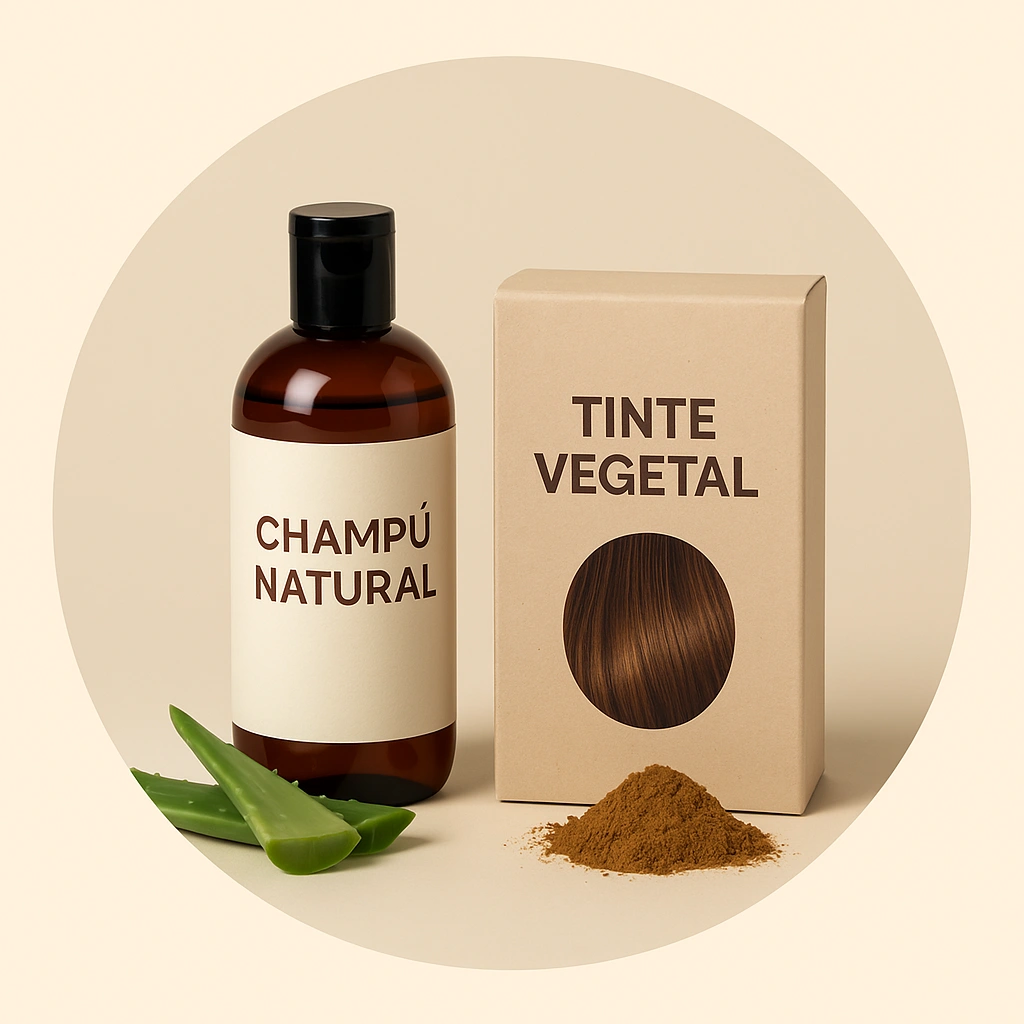 Cosmética capilar natural Okira. Fotografía circular con champú natural y tinte vegetal para cabello – categoría Capilar Okira.