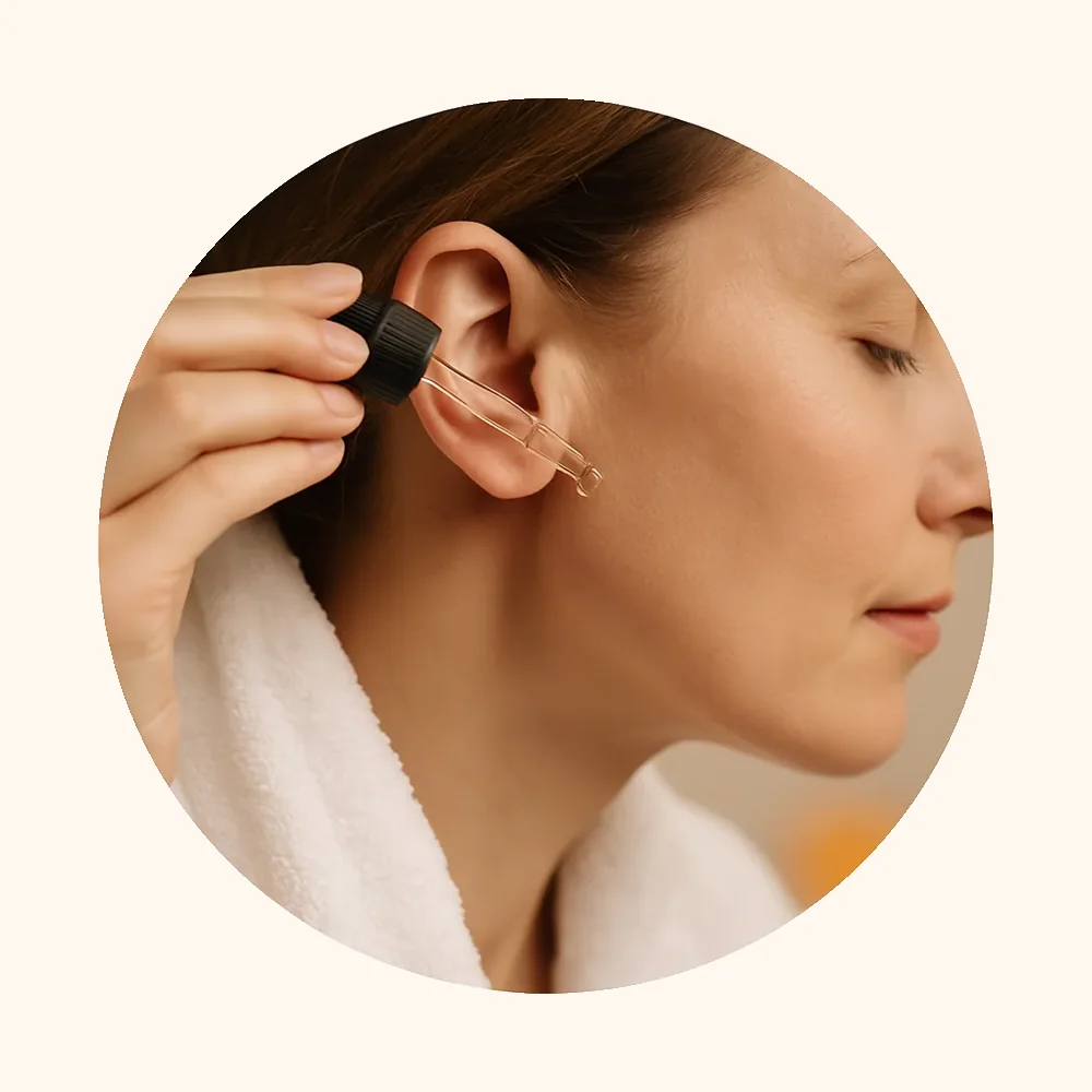 Mujer aplicando gotas para oídos en recorte circular sobre fondo crema.