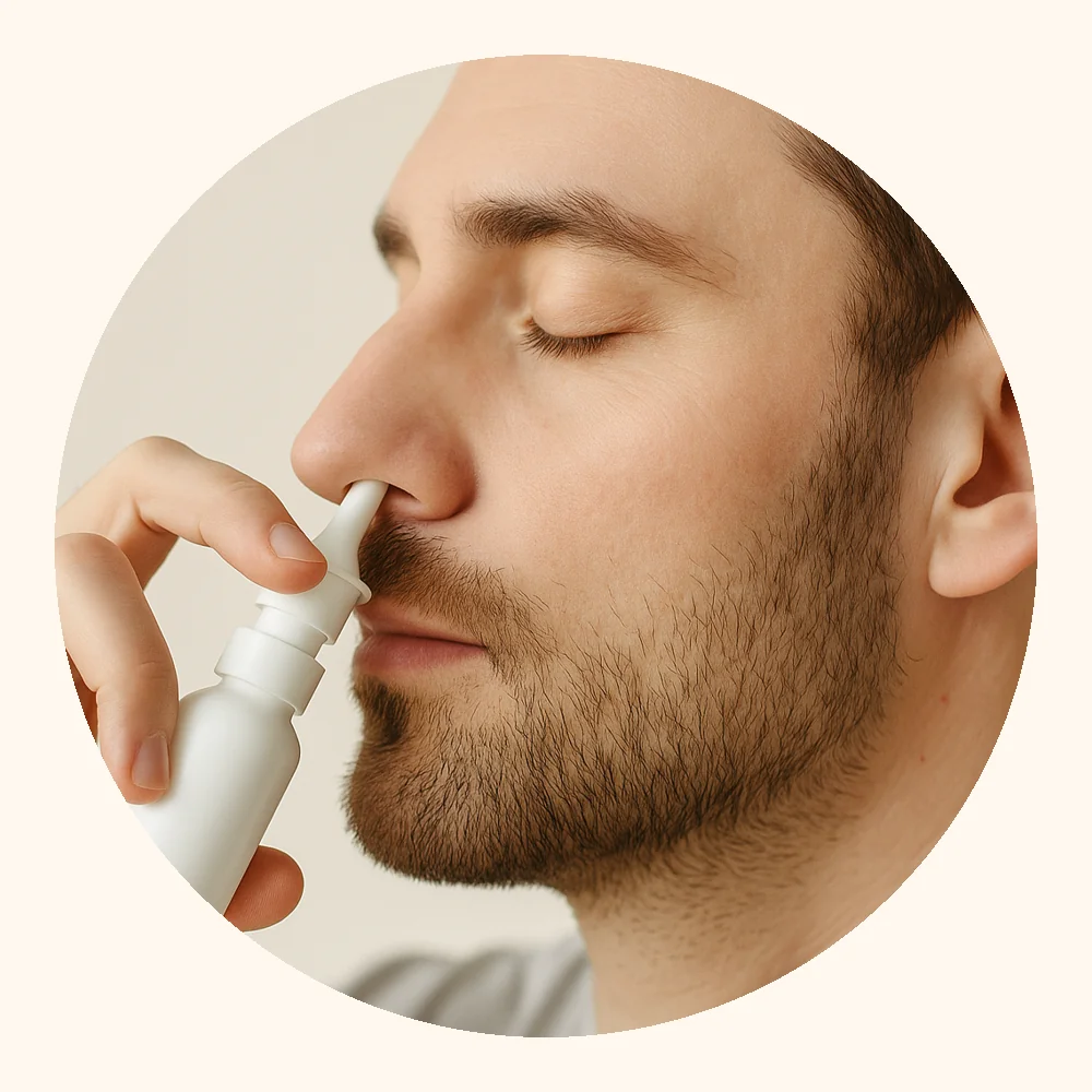Adulto aplicando spray nasal de agua de mar; higiene nasal natural.