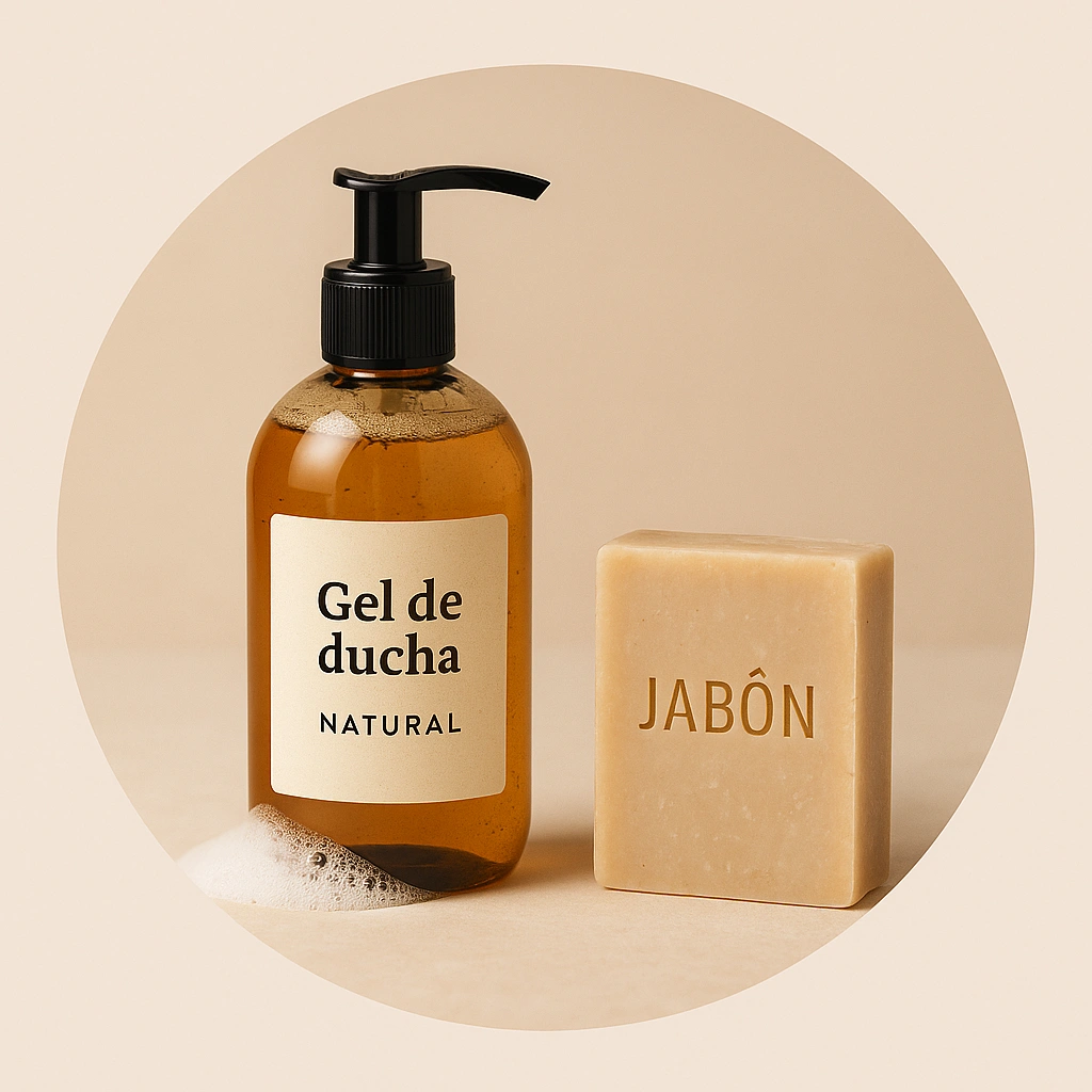 Fotografía circular de un frasco de gel de ducha natural y una pastilla de jabón sólido – categoría Jabones y Geles Okira.