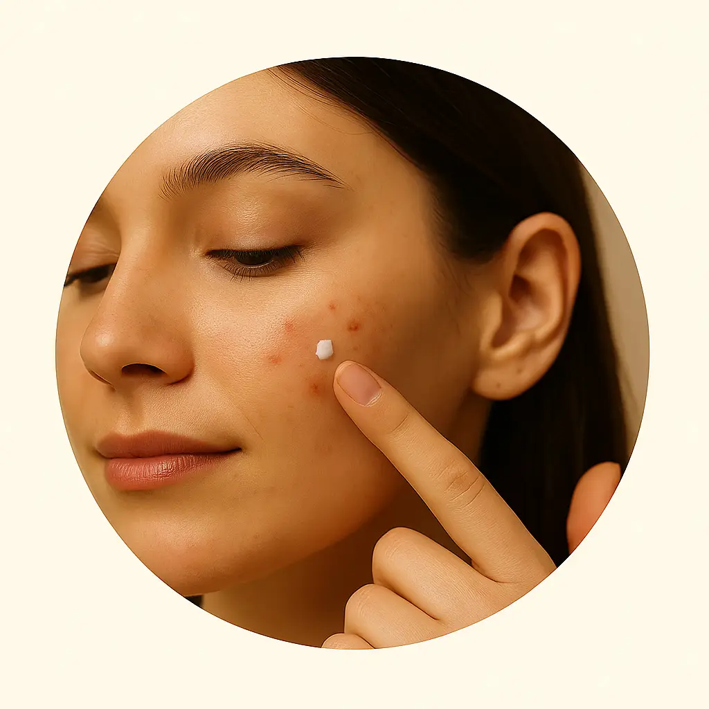 Productos para acné e imperfecciones | Okira Mujer aplicando tratamiento antiacné puntual en la mejilla