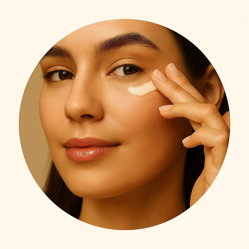 Contorno de ojos y cuidado de labios | Okira Mujer aplicando contorno de ojos con labios brillantes y saludables