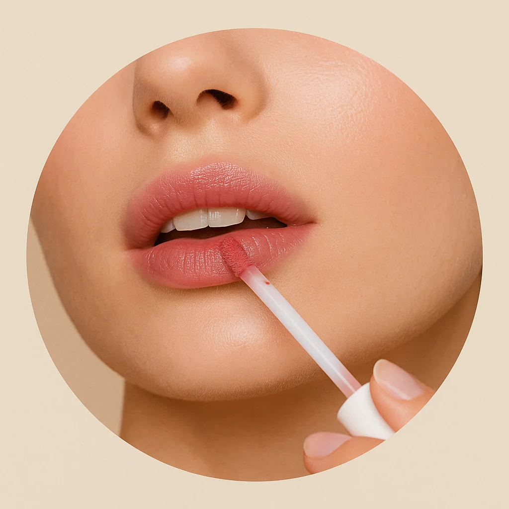 Gloss y bálsamos con color – categoría Okira labios aplicando gloss rosado con aplicador