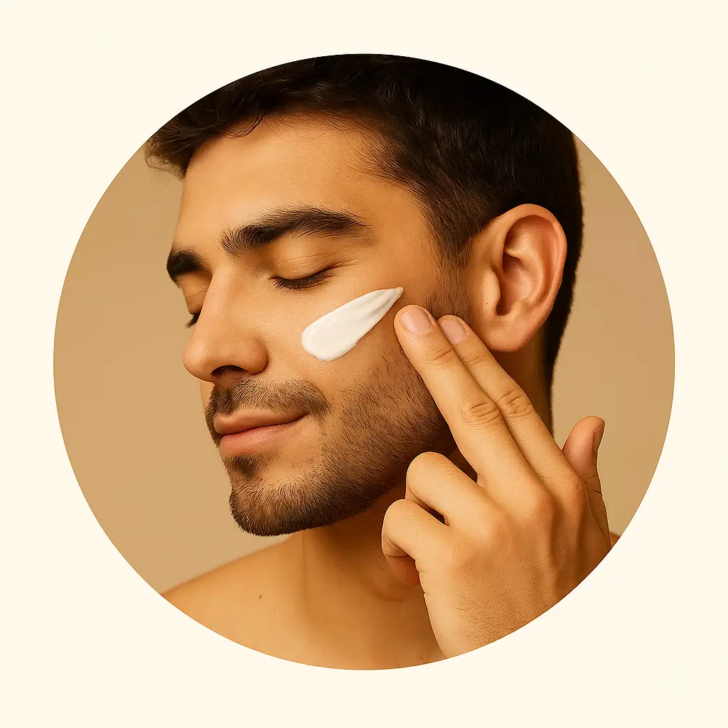 Hidratantes y cremas faciales | Okira Hombre joven aplicando crema facial hidratante en la mejilla