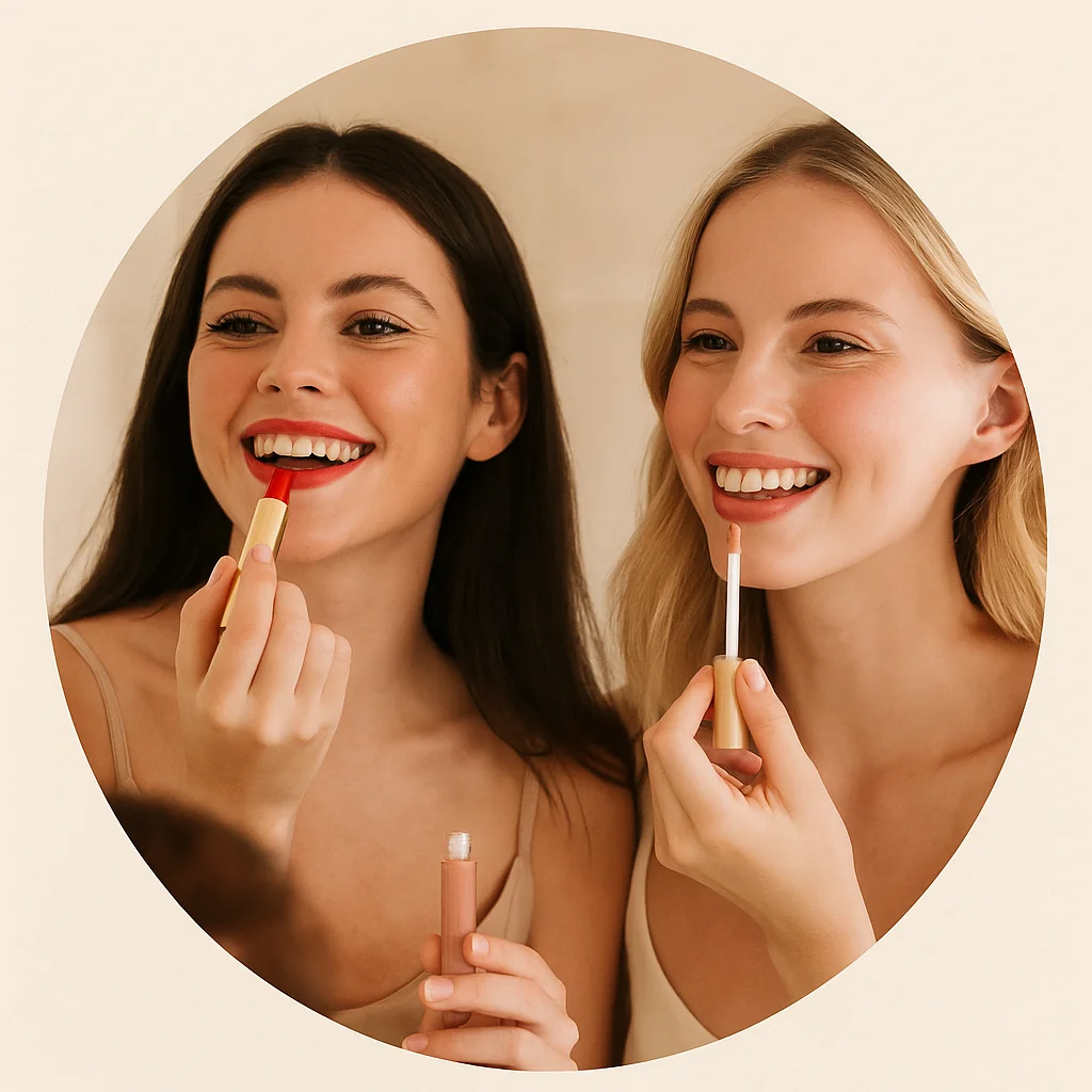 dos mujeres sonrientes aplicando labial rojo y gloss nude frente al espejo