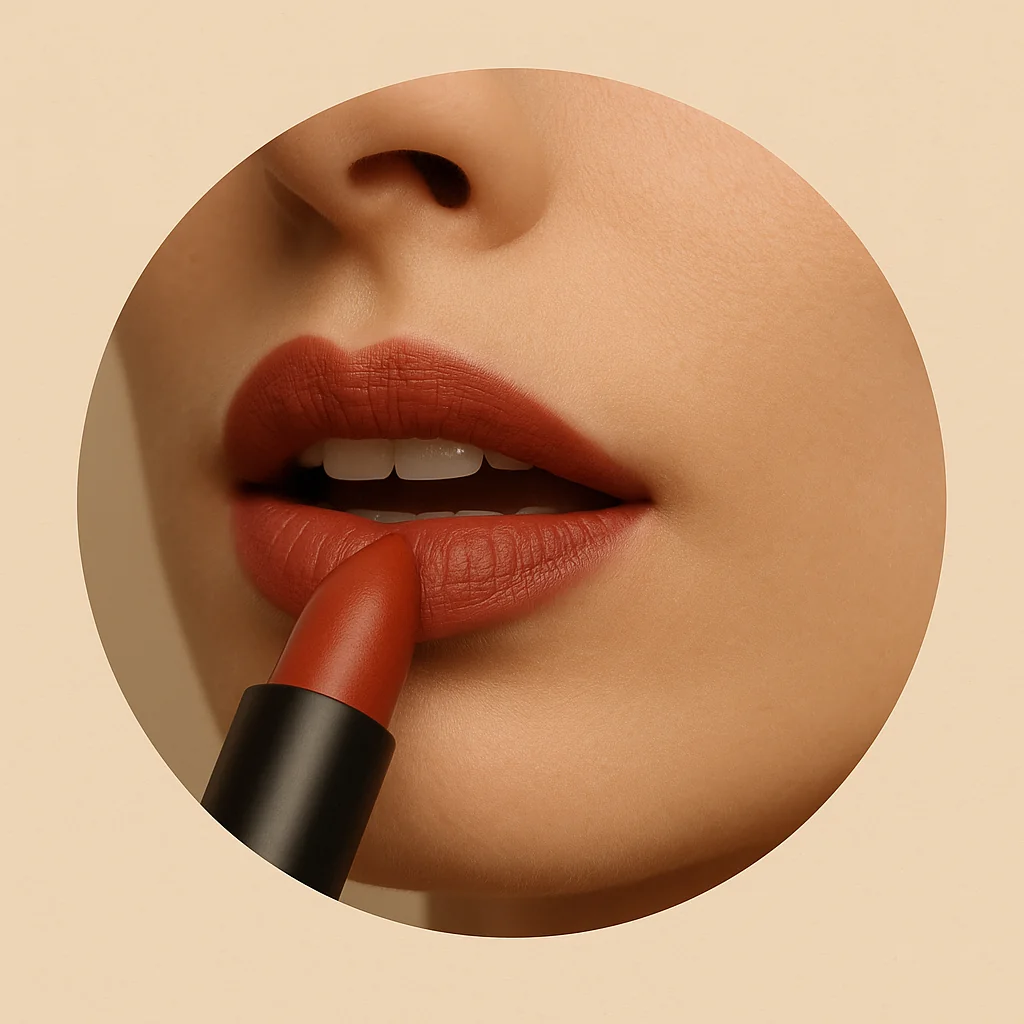 Labiales naturales – categoría Okira labios aplicando barra de labios natural en tono rojo