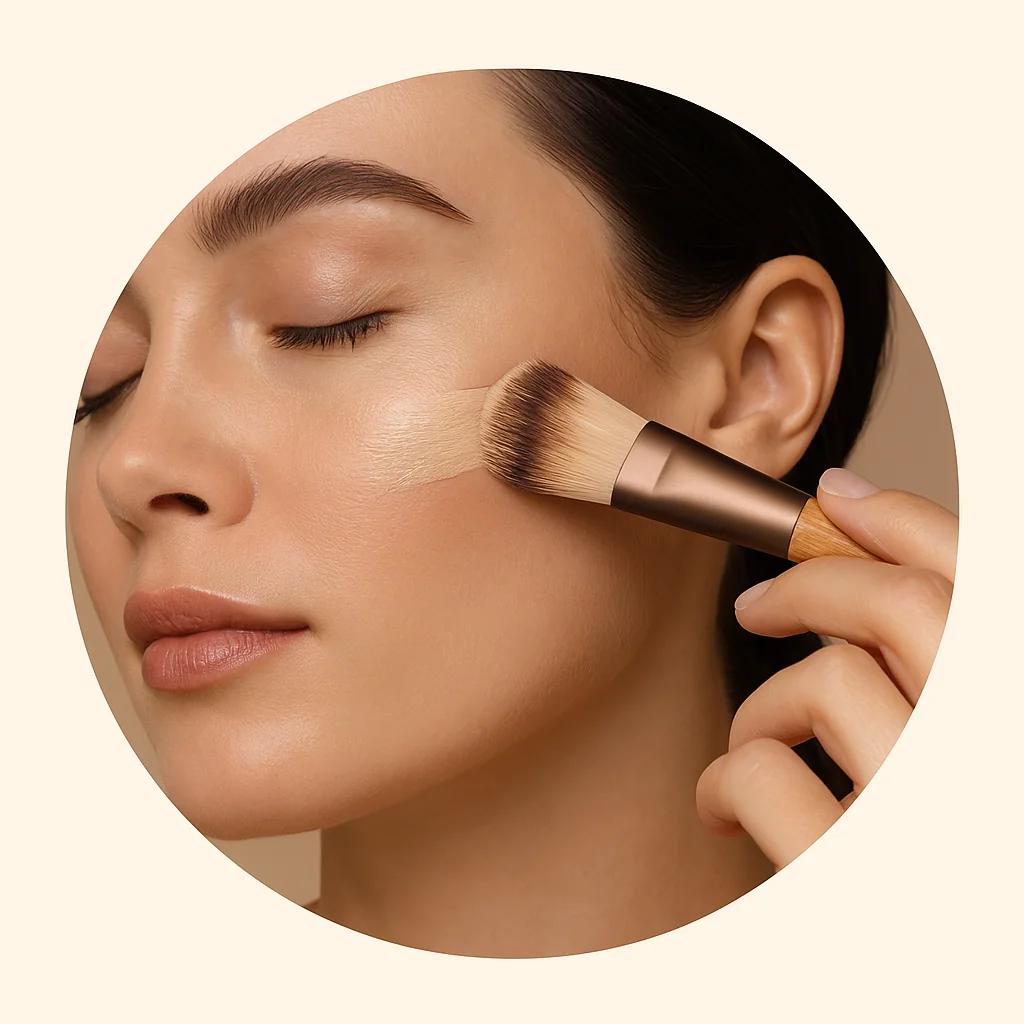 Maquillaje natural – categoría Okira mujer aplicando base de maquillaje natural con brocha