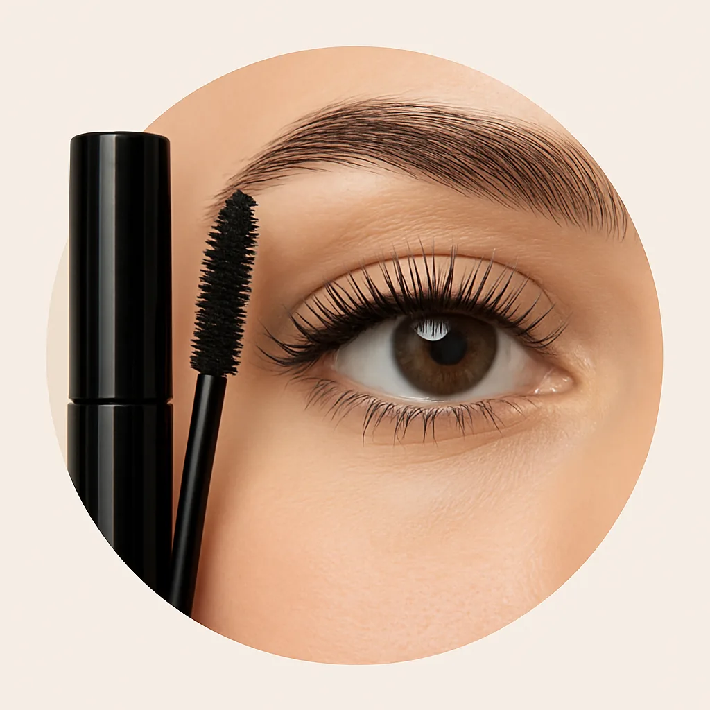 Máscara de pestañas natural en primer plano con pestañas largas y definidas – Okira