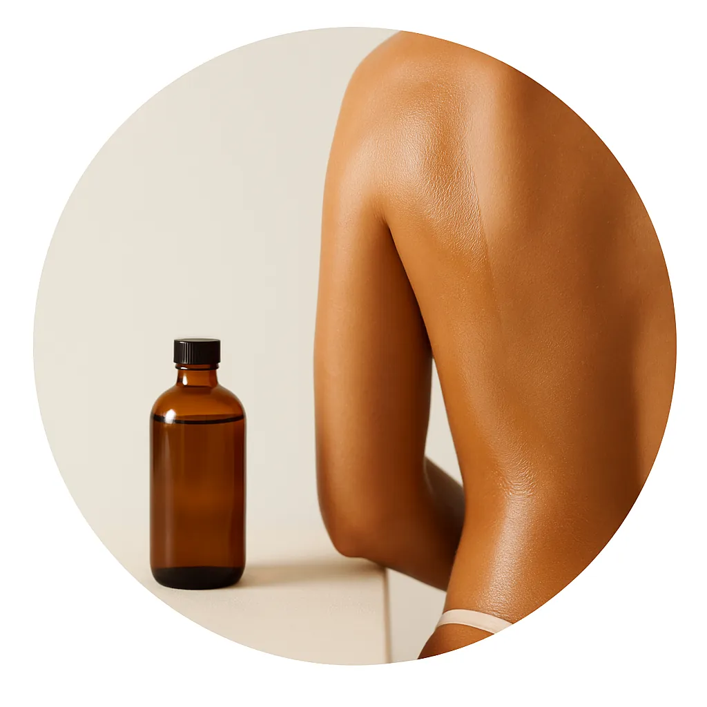 Aceite corporal natural hidratante aplicado en la piel, frasco ámbar sobre fondo beige.