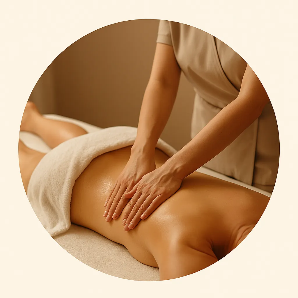 Masaje con aceite natural en camilla de spa, manos aplicando aceite sobre la espalda.