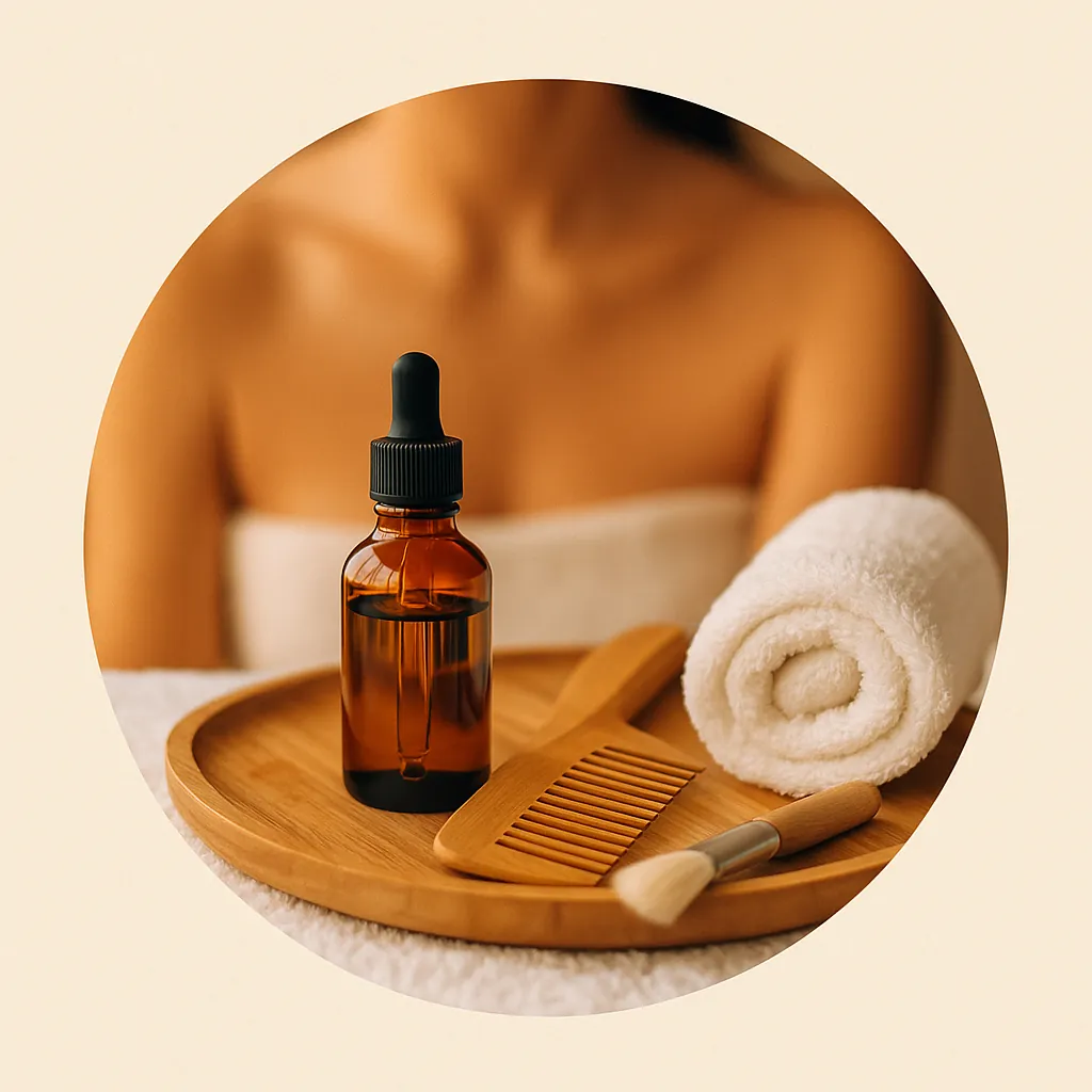 Bandeja de spa con frasco ámbar de aceite, peine de madera, brocha y toalla, fondo beige.