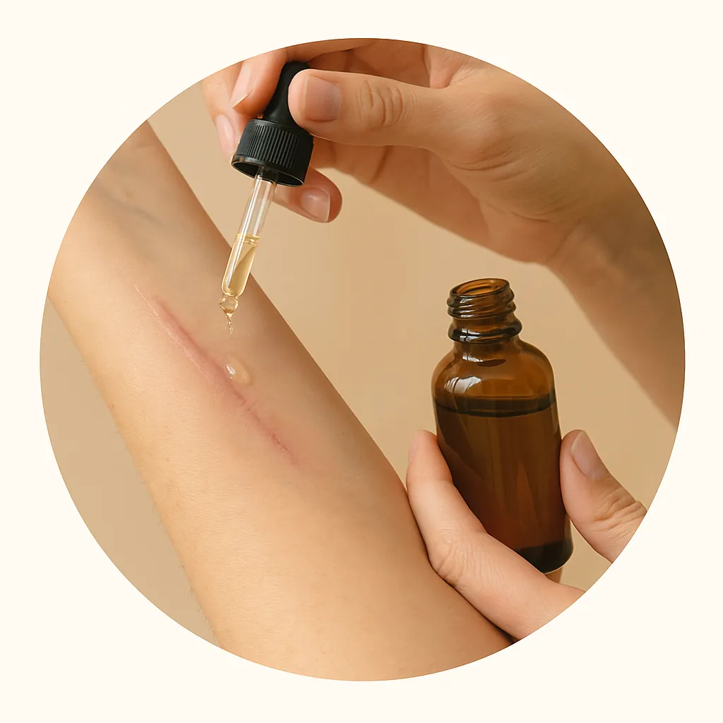 Mano aplicando aceite natural con gotero sobre cicatriz en el antebrazo.
