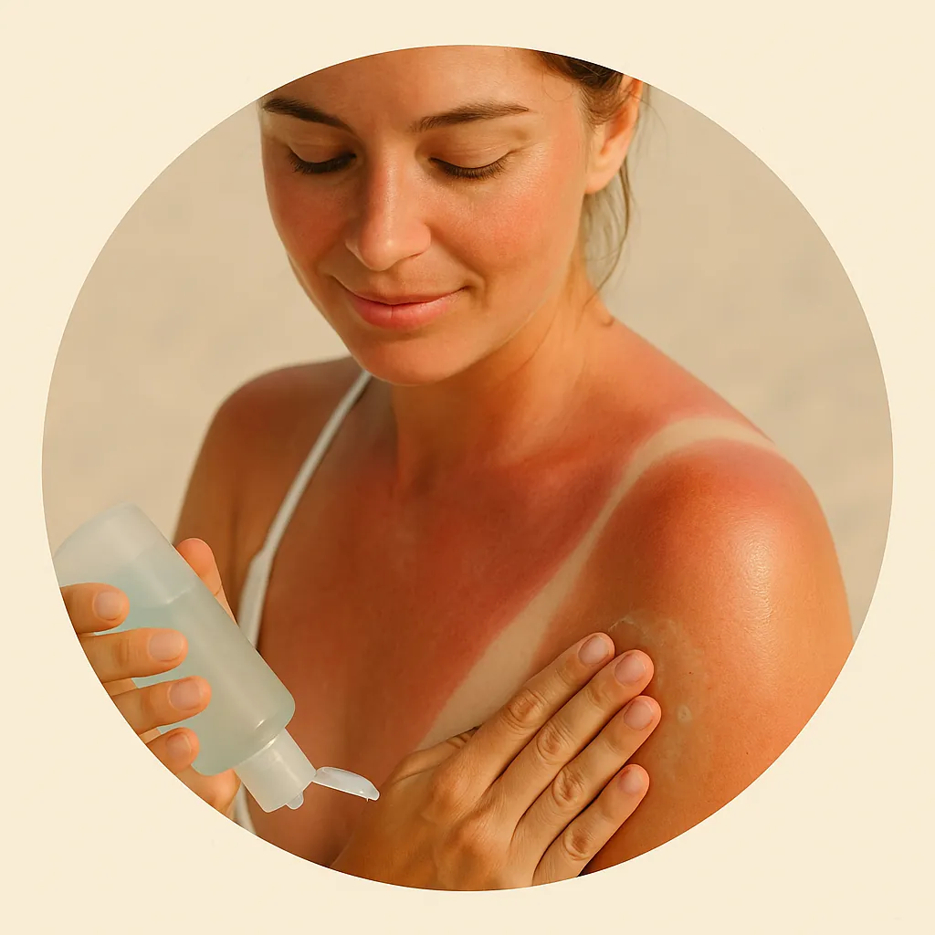 After sun natural – mujer con piel enrojecida aplicando gel calmante en el hombro