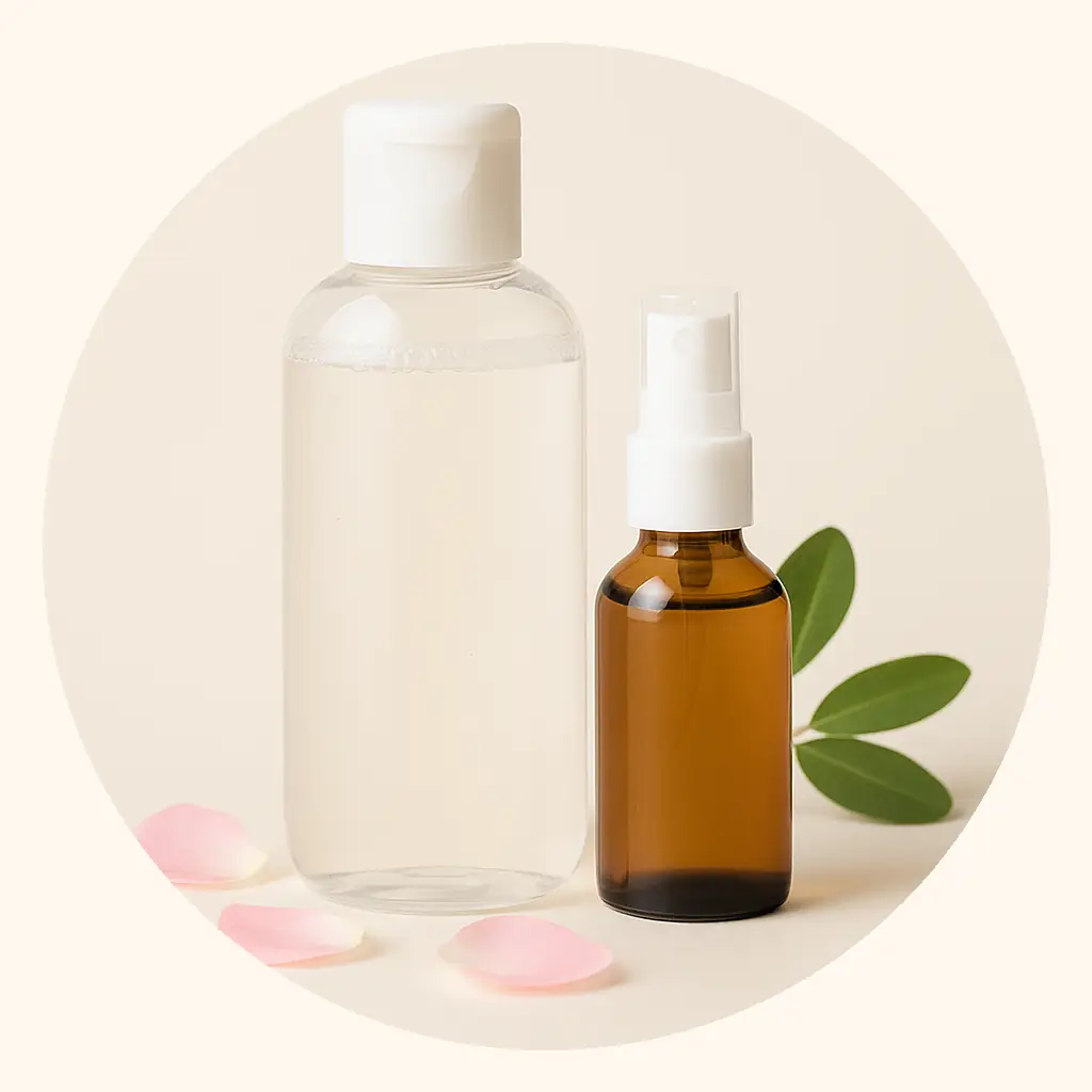 Aguas micelares y tónicos – Okira Aguas micelares y tónicos naturales: botella de agua micelar y tónico en spray sobre fondo beige