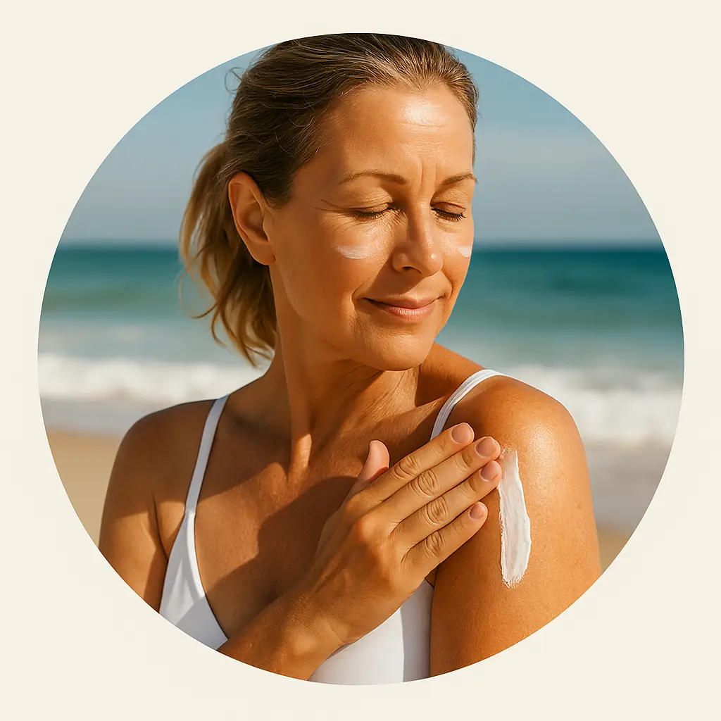 Protectores solares corporales naturales – mujer adulta aplicando crema en el hombro en la playa