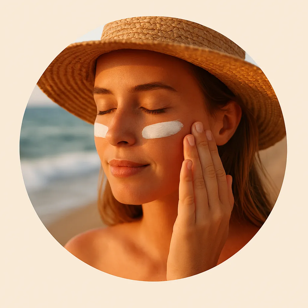 Protectores solares faciales naturales – mujer con dos franjas de crema SPF en los pómulos