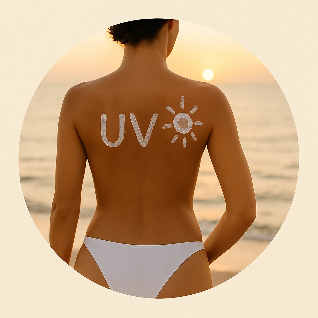 Solar natural Okira – protección y bronceado Cosmética solar natural – espalda femenina con protector solar dibujando UV y sol