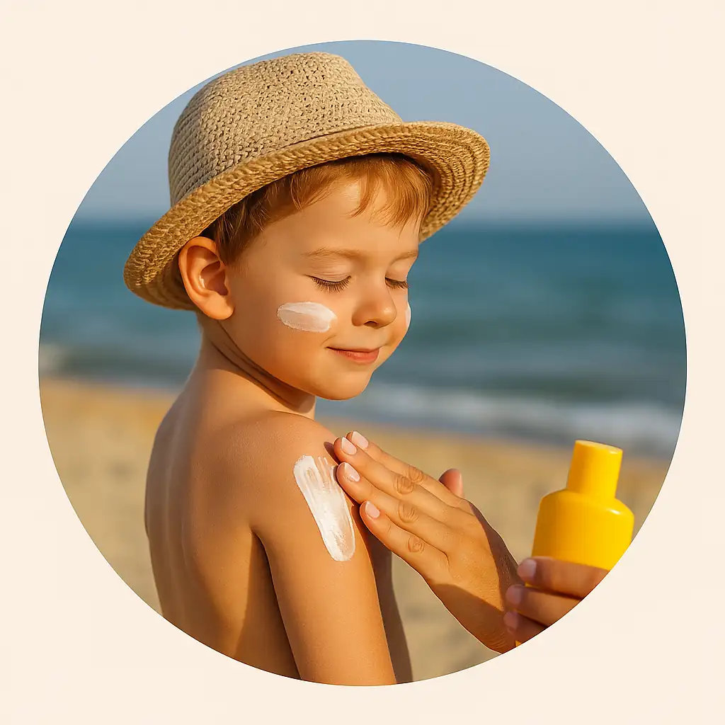 Solares infantiles naturales – niño con sombrero aplicando protector solar en la playa