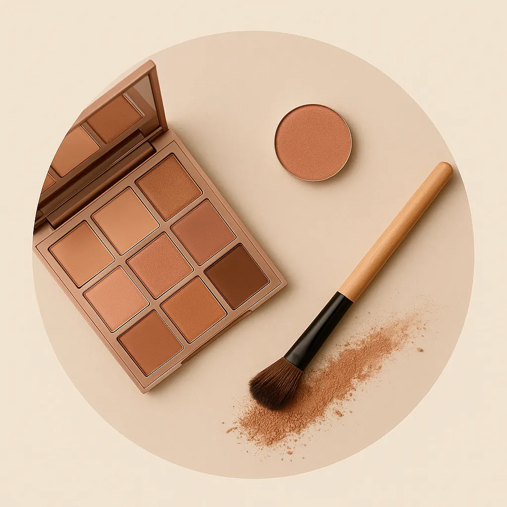 sombras de ojos naturales en paleta y sombra mono con brocha, flat-lay