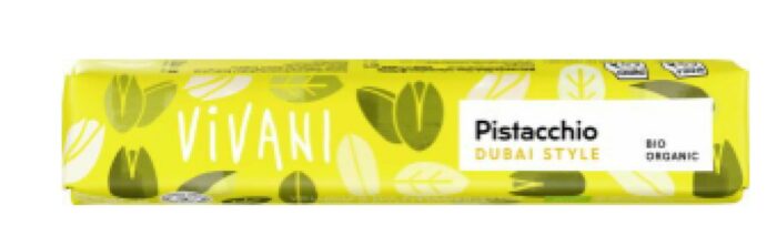 repostería y chocolates BARRITA DE CHOCOLATE CON LECHE Y PISTACHO ESTILO DUBAI BIO 40G