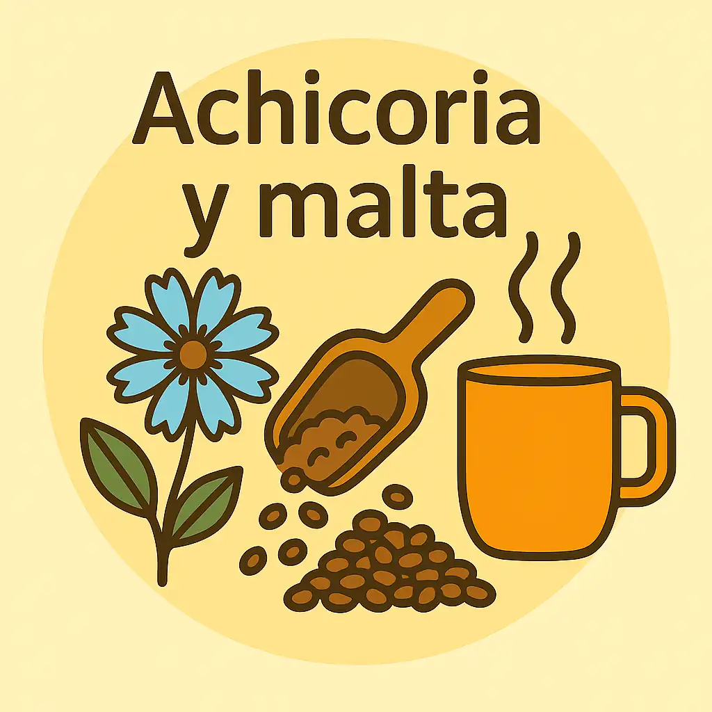 Achicoria y malta soluble – Ilustración con flor azul, taza humeante y grano