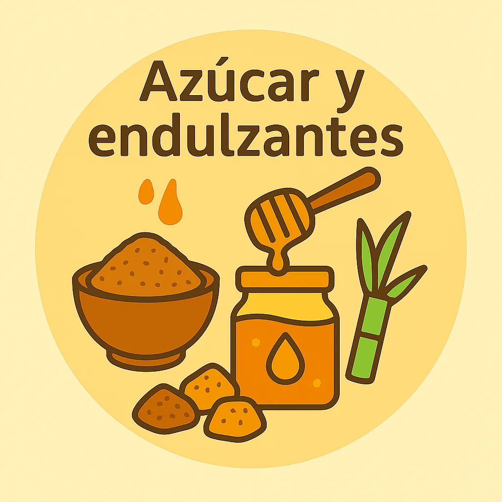 ilustración azúcar y endulzantes okira con panela, sirope y caña de azúcar