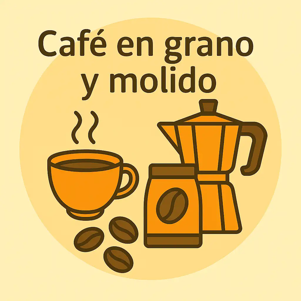 Miniatura categoría Café en grano y molido – Okira Café en grano y molido – Ilustración con cafetera italiana, taza y granos