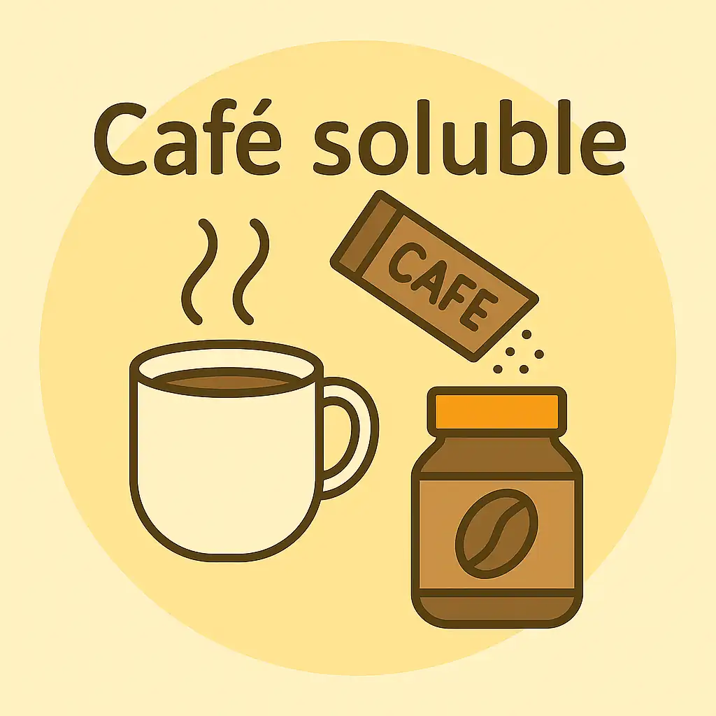 Café soluble – Ilustración con taza humeante y bote de café