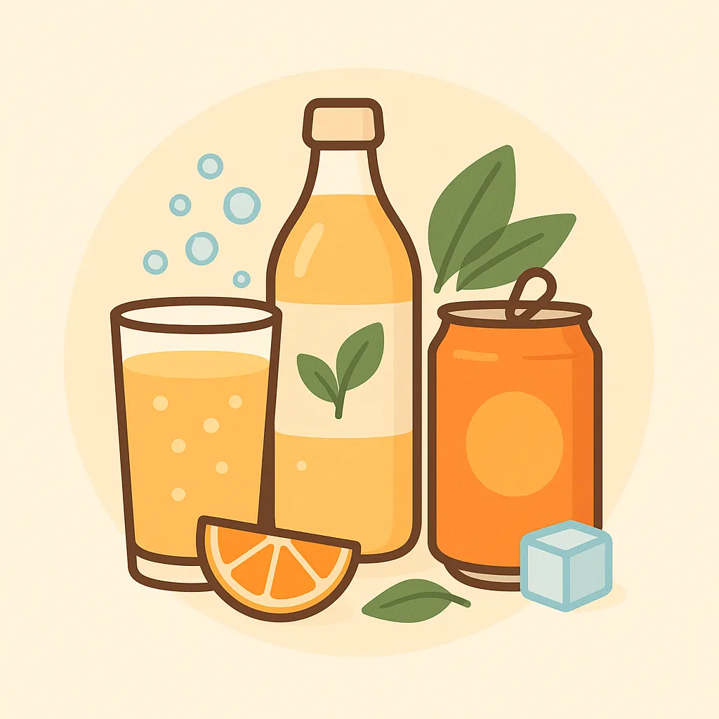 Kombucha y refrescos Okira – Bebidas burbujeantes Icono de kombucha y refrescos Okira con vaso, botella y lata sobre círculo crema